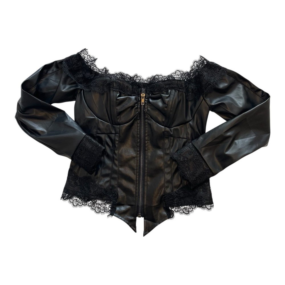 Black Faux Leather Corset‎ Top with Lace Trim Off Shoulder Zip Front Goth XS